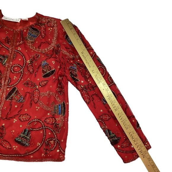 Vintage Scala Red Beaded Sequin Silk Evening Jacket Women's Size Small - Picture 3 of 6